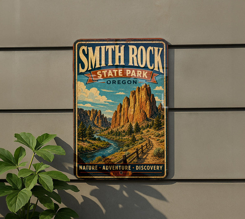 A vintage-style sign for Smith Rock State Park in Oregon, featuring a scenic illustration of the park's natural landscape.