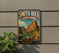 A vintage-style sign for Smith Rock State Park in Oregon, featuring a scenic illustration of the park's natural landscape.