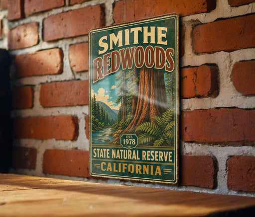 A vintage-style metal sign for Smithe Redwoods State Natural Reserve in California, featuring a large image of a towering redwood tree and a serene landscape.