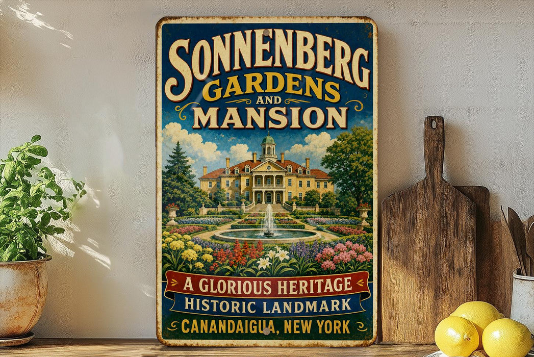 A vintage-style sign for Sonnenberg Gardens and Mansion, featuring a large illustration of the mansion surrounded by a well-manicured garden with a fountain.