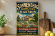 A vintage-style sign for Sonnenberg Gardens and Mansion, featuring a large illustration of the mansion surrounded by a well-manicured garden with a fountain.