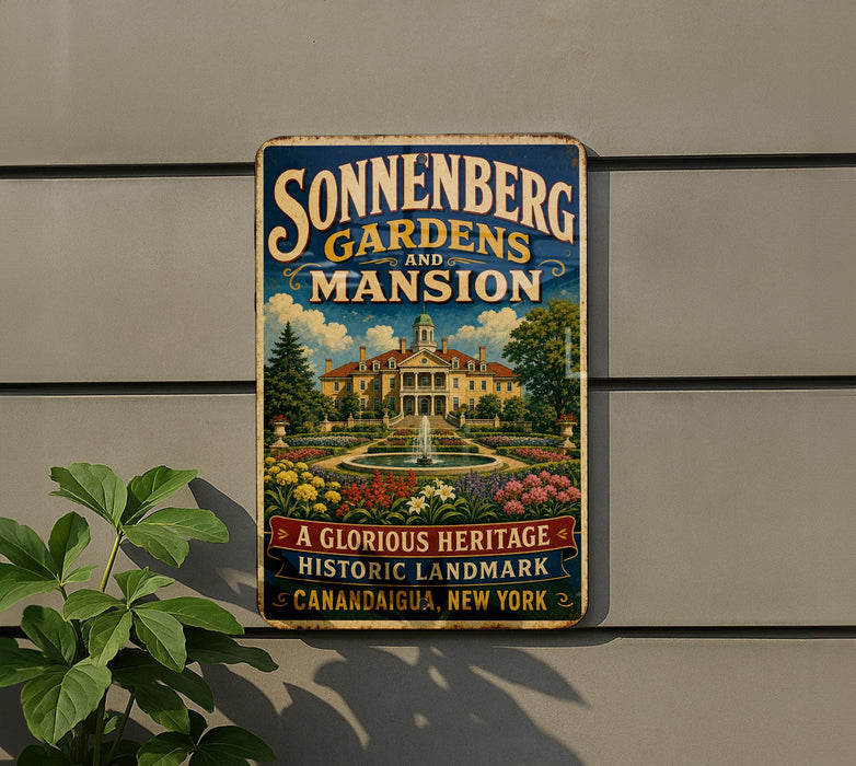 A vintage-style sign for Sonnenberg Gardens and mansion, featuring a large illustration of the mansion surrounded by a well-manicured garden with a fountain.