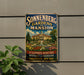 A vintage-style sign for Sonnenberg Gardens and mansion, featuring a large illustration of the mansion surrounded by a well-manicured garden with a fountain.