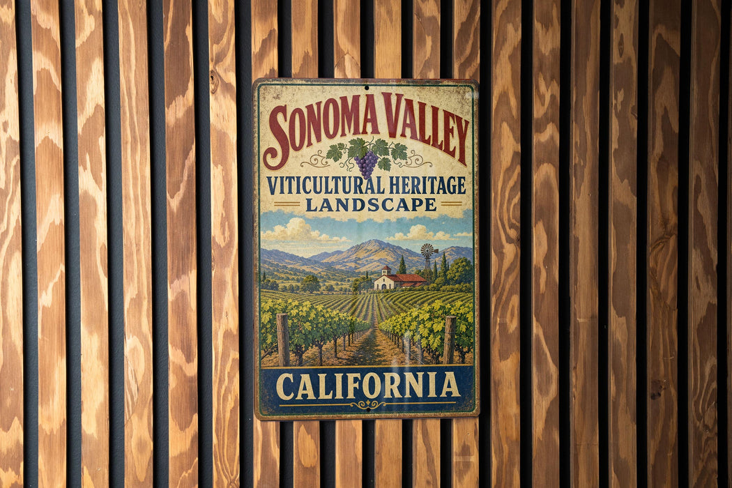 A vintage metal sign for Sonoma Valley, California, featuring a vineyard landscape and the text "Viticultural Heritage Landscape" and "California".