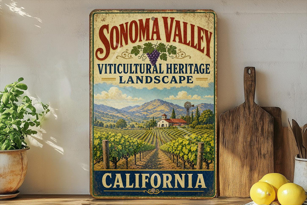 a vintage-style sign for Sonoma Valley, California, with a vineyard landscape and mountains in the background. The sign is mounted on a wall, and there are some kitchen utensils and a potted plant in the foreground.