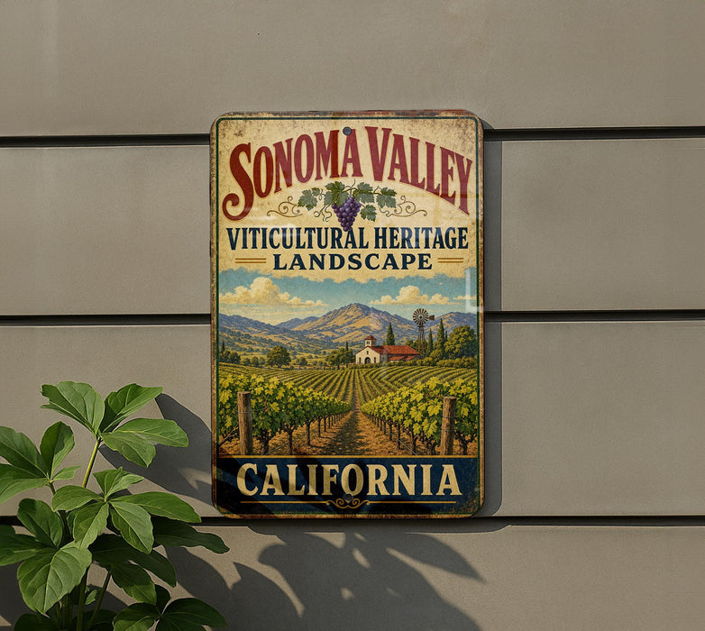 A vintage-style sign for Sonoma Valley, California, featuring a vineyard landscape and the text "Sonoma Valley Viticultural Heritage Landscape" and "California".