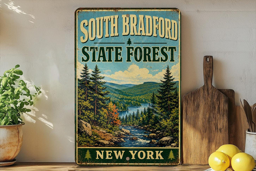A vintage-style sign for South Bradford State Forest in New York, featuring a scenic landscape with pine trees, mountains, and a river.