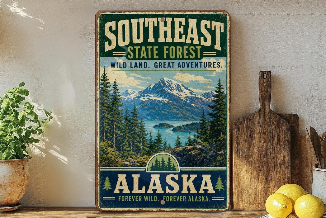 A vintage-style sign for Southeast State Forest in Alaska, featuring a scenic mountain landscape with pine trees and a lake.