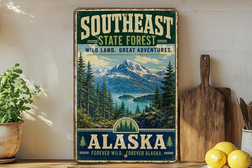 A vintage-style sign for Southeast State Forest in Alaska, featuring a scenic mountain landscape with pine trees and a lake.