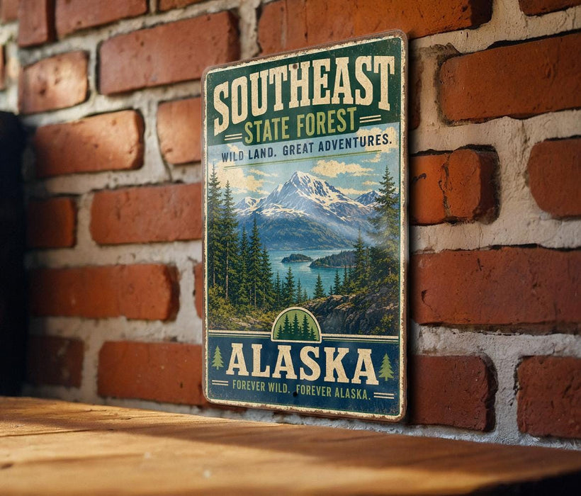 A vintage-style metal sign with a mountain landscape and pine trees, mounted on a brick wall.