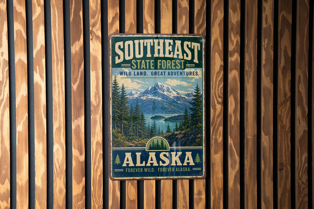 A vintage-style metal sign with the text "SOUTHEAST STATE FOREST WILD LAND. GREAT ADVENTURES. ALASKA" is displayed on a wooden wall.