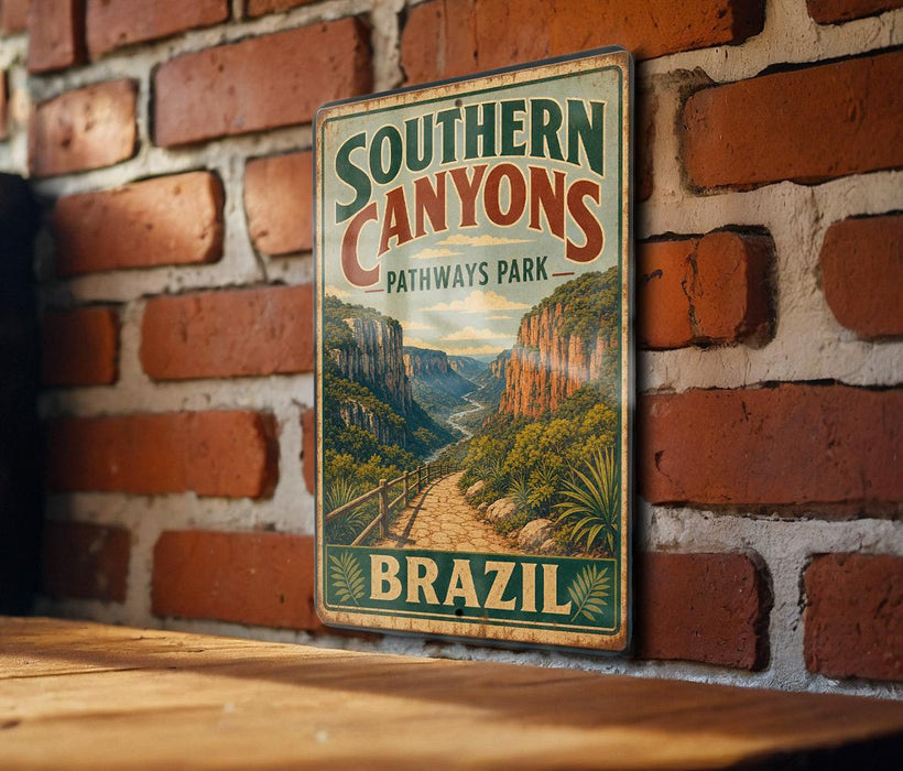 A vintage-style metal sign for Southern Canyons Pathways Park in Brazil, featuring a scenic illustration of the park's natural landscape.