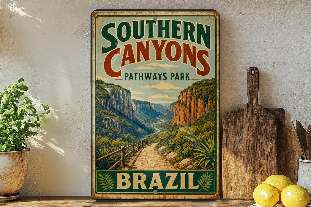 A vintage-style sign for Southern Canyons Pathways Park in Brazil, featuring a scenic illustration of a winding path through a mountainous landscape.