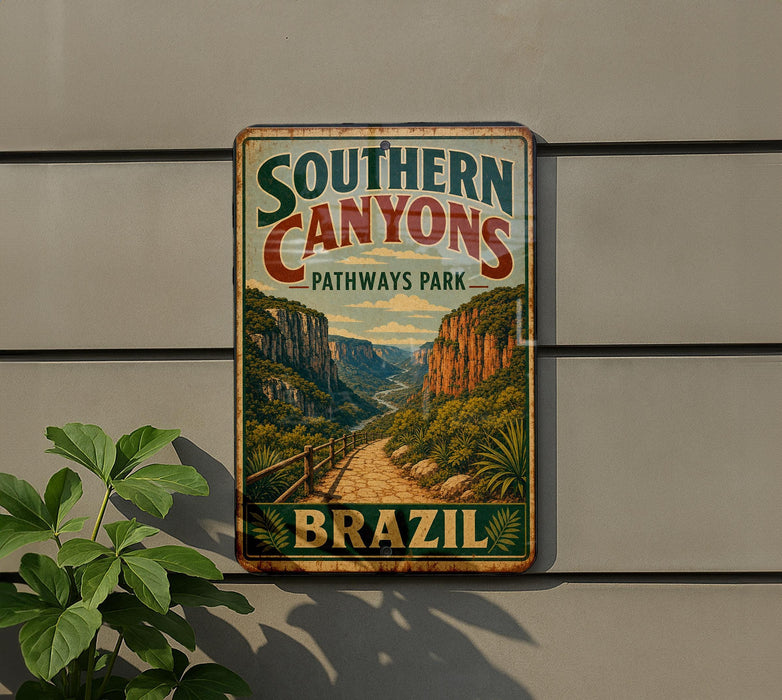A vintage-style sign for Southern Canyons Pathways Park in Brazil, featuring a scenic illustration of a winding path through a mountainous landscape.