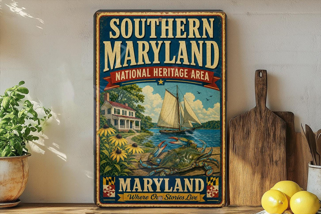 A vintage-style metal sign for the Southern Maryland National Heritage Area, featuring a sailboat, flowers, and a house, is displayed on a shelf next to a wooden cutting board and some lemons.