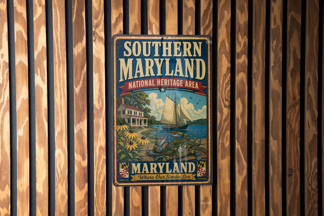 A vintage metal sign for the Southern Maryland National Heritage Area, featuring a sailboat and a house, is displayed on a wooden wall.