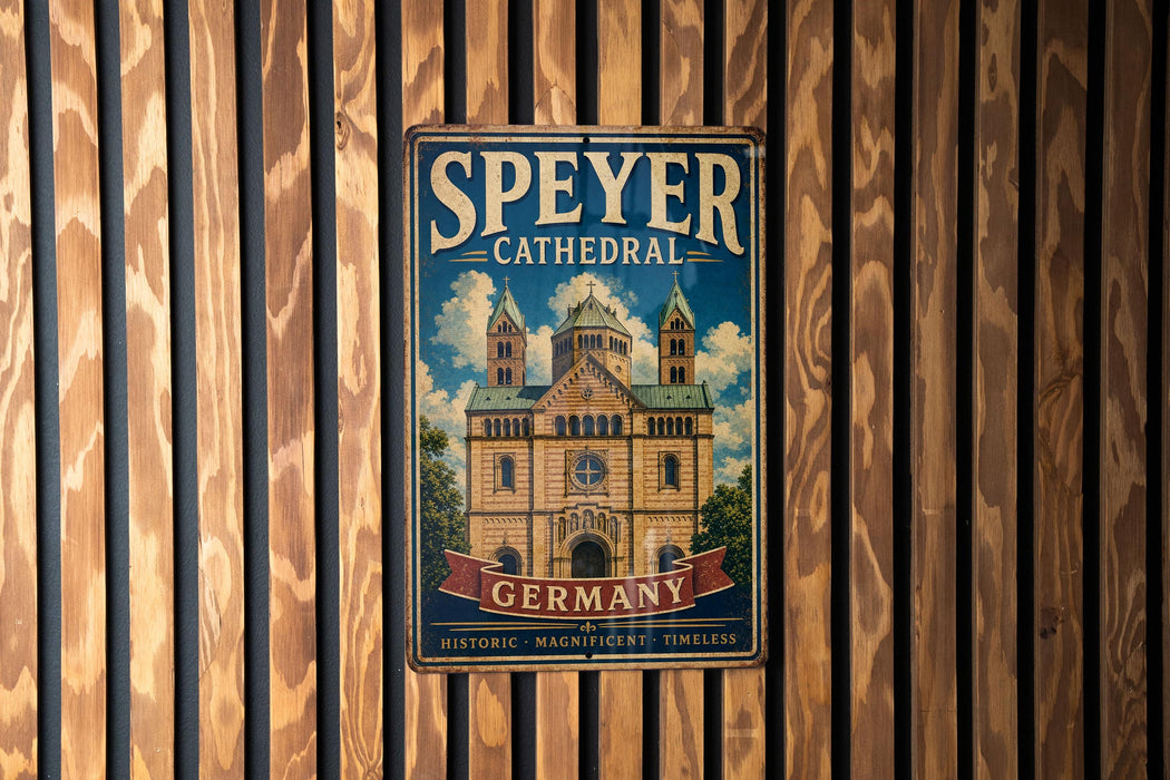 A vintage metal sign for Speyer Cathedral in Germany, featuring an illustration of the cathedral and the text "Speyer Cathedral" prominently displayed.
