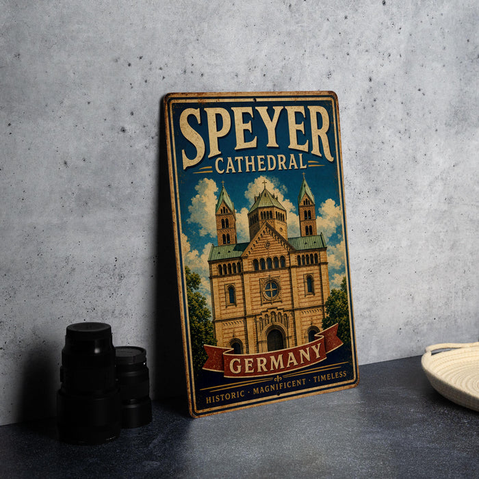 A vintage metal sign for Speyer Cathedral in Germany, featuring an illustration of the cathedral and the text "Speyer Cathedral Germany" along with the words "Historic, Magnificent, Timeless".