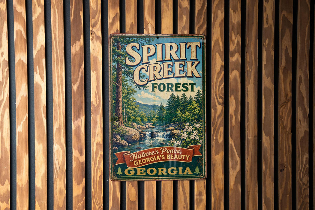 A vintage metal sign for Spirit Creek Forest in Georgia, featuring a scenic image of the forest and a waterfall.