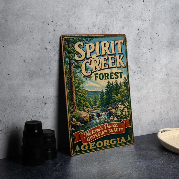 A vintage-style metal sign for Spirit Creek Forest in Georgia, featuring a scenic illustration of a forest and a waterfall.