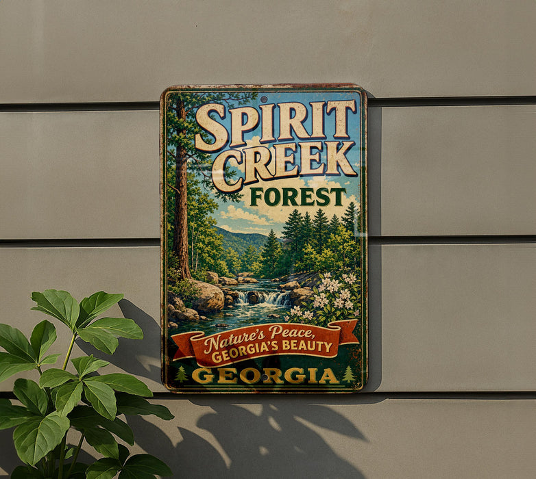 A vintage metal sign for Spirit Creek Forest in Georgia, featuring a scenic illustration of a forest with a waterfall.