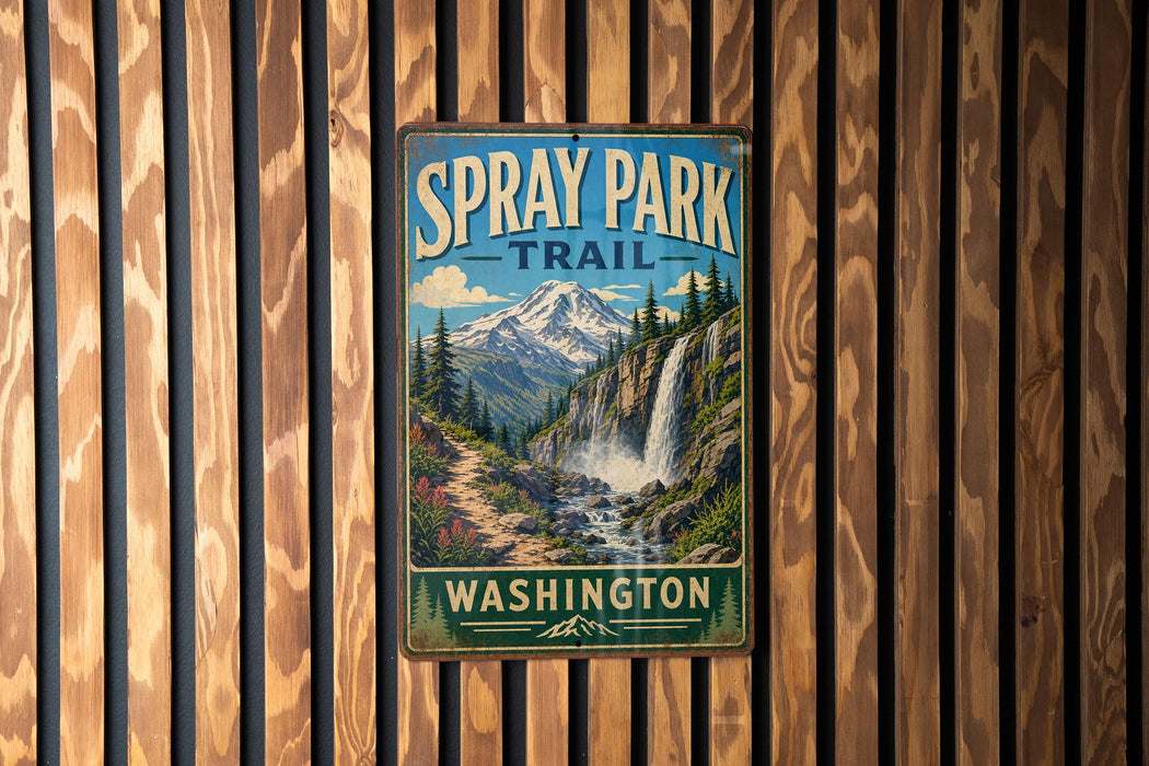 A vintage metal sign for the Spray Park Trail in Washington, featuring a mountain landscape with a waterfall.