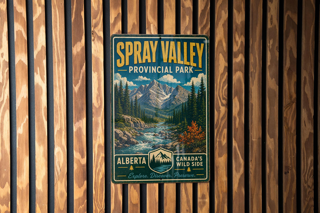 A vintage-style metal sign for Spray Valley Provincial Park in Alberta, Canada, featuring a scenic mountain landscape with a river and pine trees.