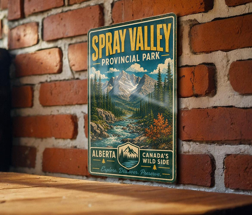A vintage-style metal sign for Spray Valley Provincial Park in Alberta, Canada, featuring a scenic mountain landscape with a river and pine trees.