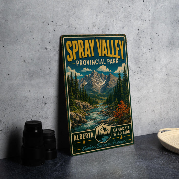 A vintage-style metal sign for Spray Valley Provincial Park in Alberta, Canada, featuring a scenic mountain landscape with a river and pine trees.