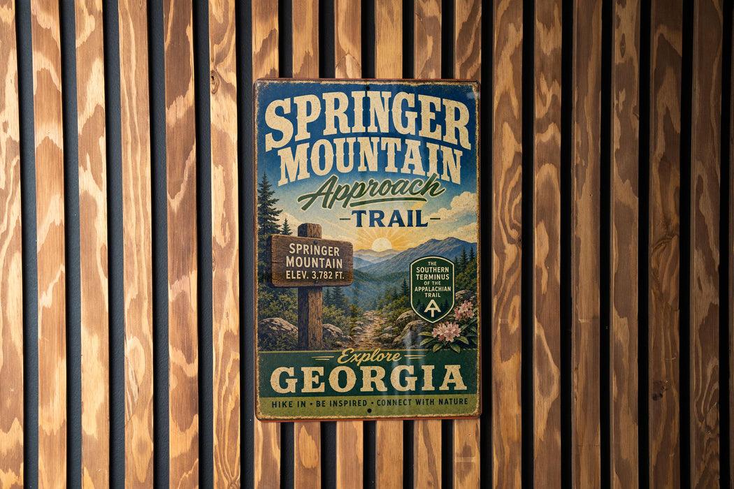 A vintage trail sign for the Springer Mountain Approach Trail in Georgia, featuring a scenic mountain landscape and inviting visitors to explore the region.