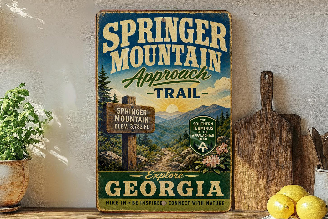 A vintage-style sign for the "Springer Mountain Approach Trail" in Georgia, featuring a scenic mountain landscape and trail marker.