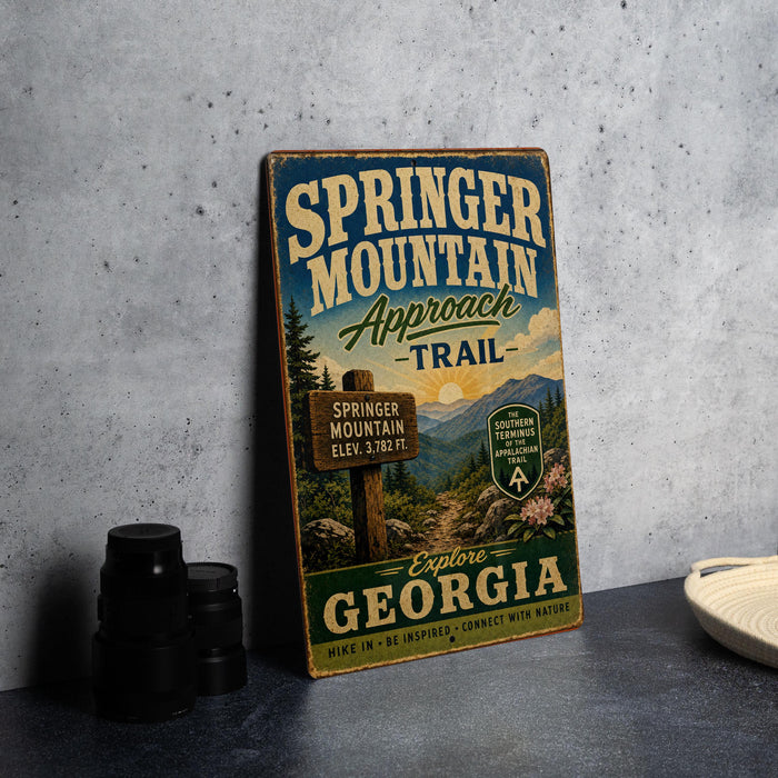 A vintage trail sign for the Springer Mountain Approach Trail in Georgia, featuring a scenic mountain landscape and inviting visitors to explore the region.