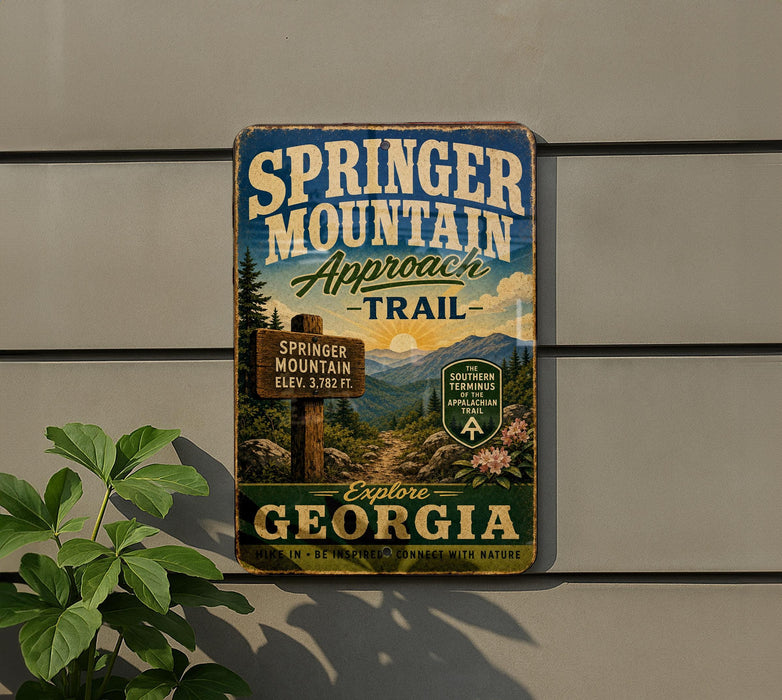 A vintage trail sign for the "Springer Mountain Approach Trail" in Georgia, featuring a scenic mountain landscape and the text "Explore Georgia" and "Maintain the beauty of the mountain".