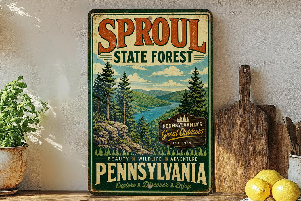 a vintage-style sign for the Pennsylvania State Forest, with a scenic illustration of a forest and a river. The sign is displayed on a shelf next to a wooden cutting board and some potted plants.