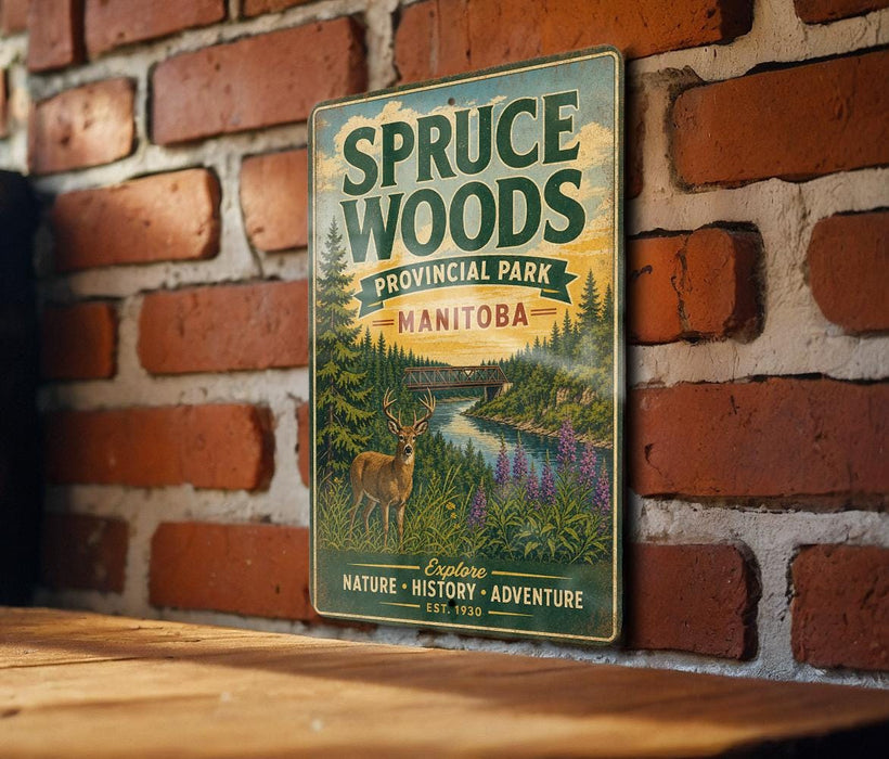 A vintage metal sign for Bruce Woods Provincial Park in Manitoba, featuring a scenic illustration of a deer in a forest setting.