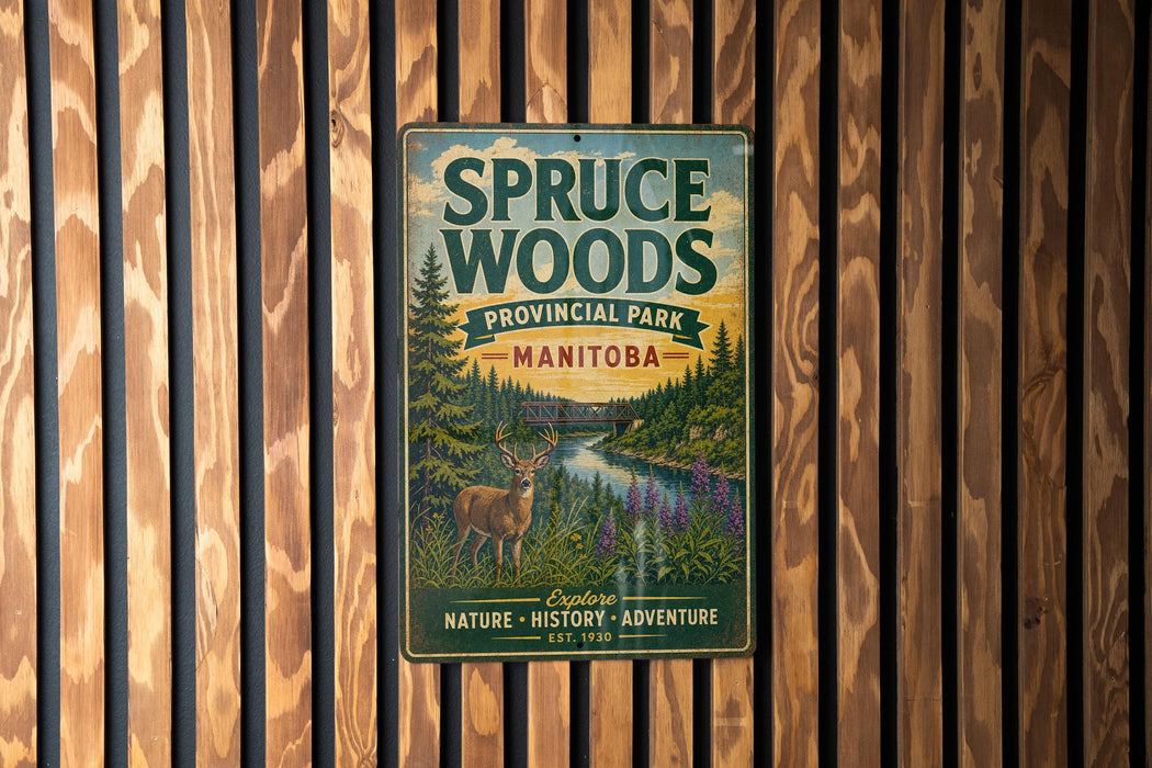 A vintage metal sign for Spruce Woods Provincial Park, Manitoba, featuring a scenic illustration of a deer in a forest setting.