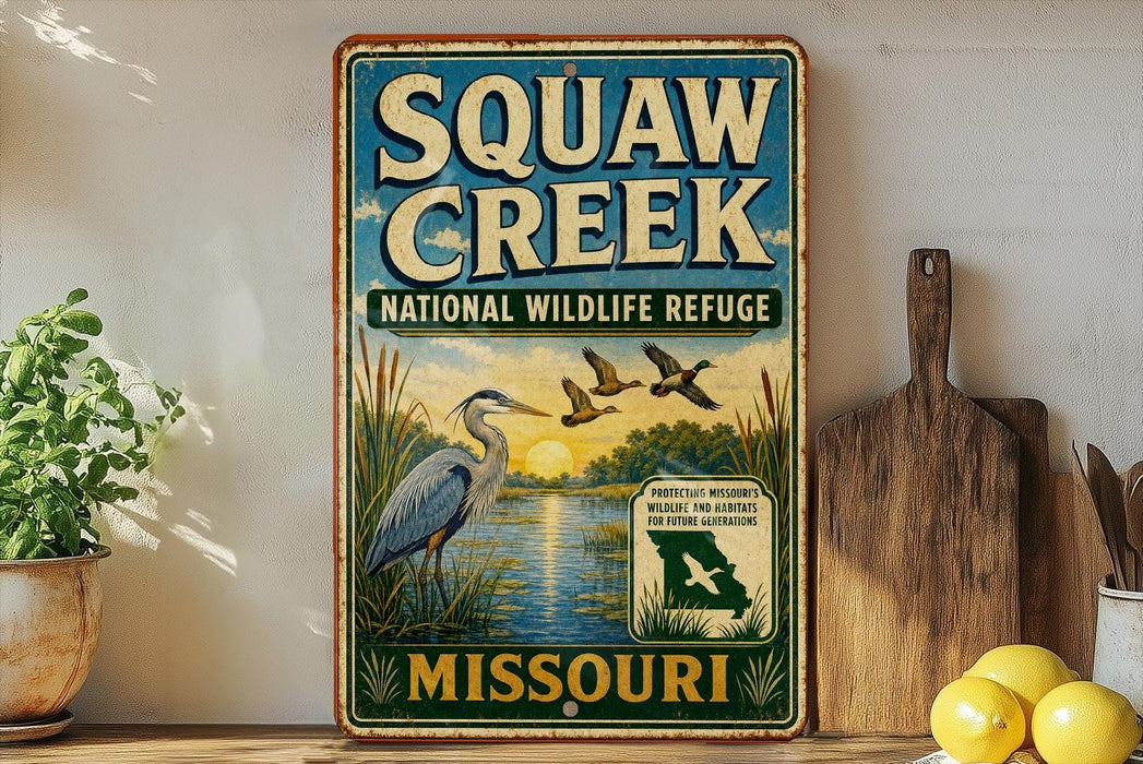 a vintage-style sign for Squaw Creek National Wildlife Refuge in Missouri, with a bird illustration and text promoting the refuge as a wildlife sanctuary.