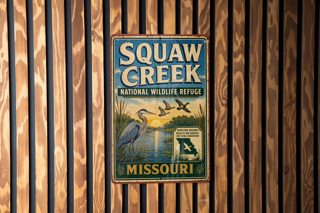 A vintage metal sign for Squaw Creek National Wildlife Refuge in Missouri, featuring an illustration of a bird and a body of water.