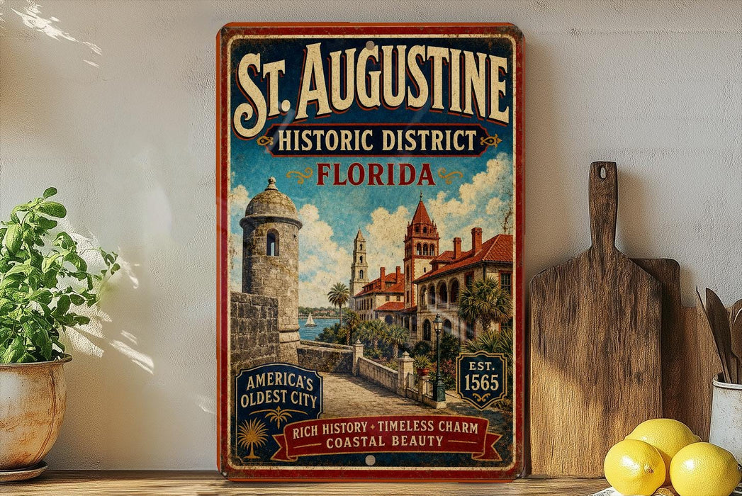 A vintage-style metal sign for St. Augustine, Florida, featuring a colorful illustration of the historic district with a castle, palm trees, and a body of water.