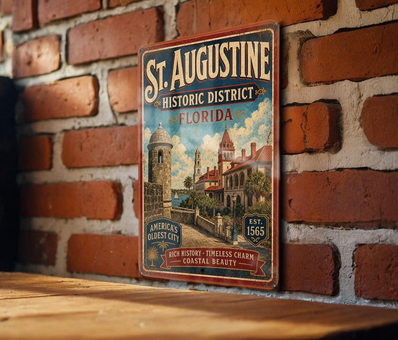 A vintage-style metal sign for St. Augustine, Florida, featuring a brick wall and a coastal scene.