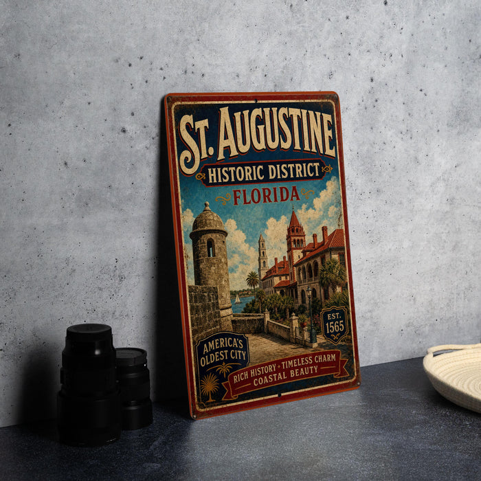A vintage-style metal sign for St. Augustine, Historic District, Florida, featuring an illustration of the city's architecture and landmarks.