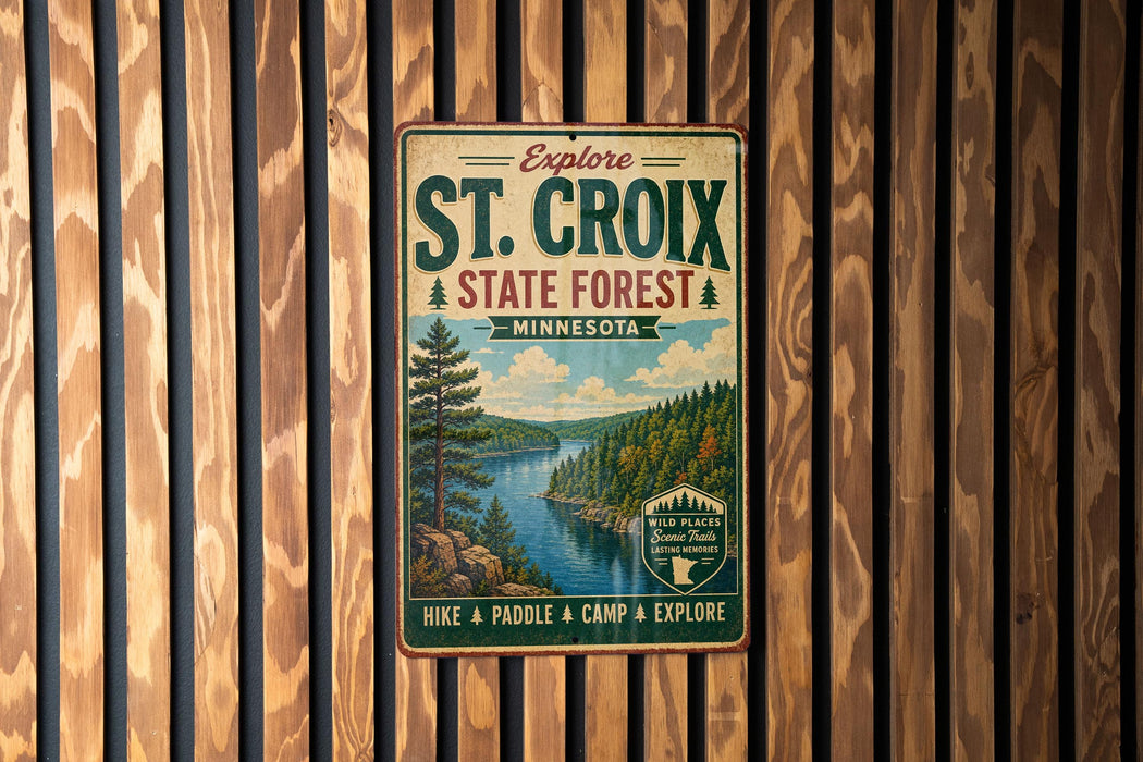 A vintage-style metal sign promoting St. Croix State Forest in Minnesota, featuring a scenic illustration of a forest and a lake.