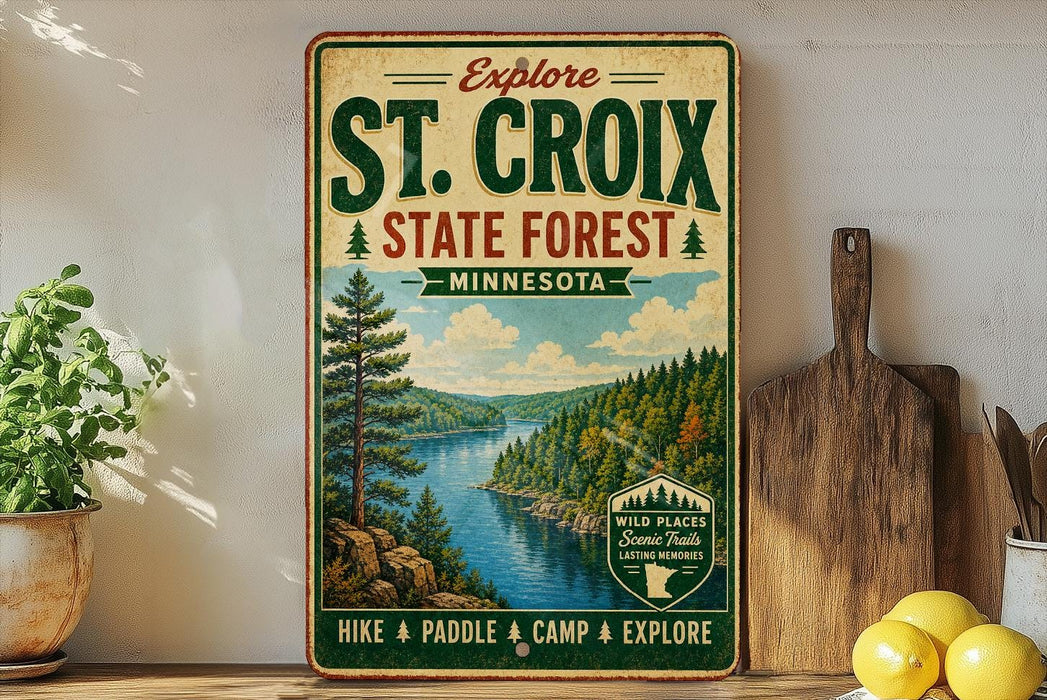 a vintage-style metal sign advertising St. Croix State Forest in Minnesota, with a scenic illustration of a river and forest landscape.