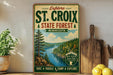 a vintage-style metal sign advertising St. Croix State Forest in Minnesota, with a scenic illustration of a river and forest landscape.