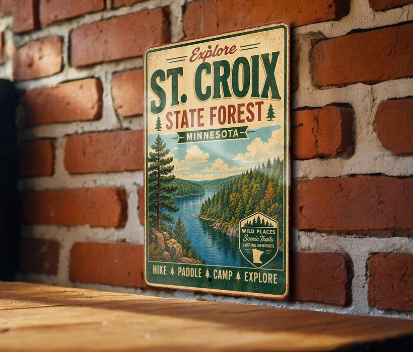 A vintage metal sign for St. Croix State Forest in Minnesota, featuring a scenic illustration of a forest and a lake.