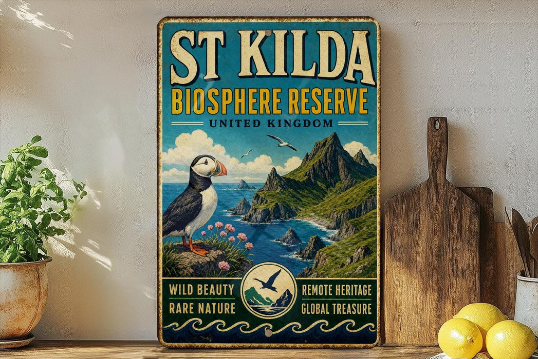 A vintage-style sign for St. Kilda Bioscape Reserve, featuring a puffin bird, a scenic landscape, and text promoting the reserve's unique features.