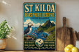 A vintage-style sign for St. Kilda Bioscape Reserve, featuring a puffin bird, a scenic landscape, and text promoting the reserve's unique features.