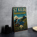 A vintage-style metal sign for St Kilda Biosphere Reserve, featuring a puffin bird and a scenic landscape.