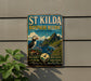 A vintage-style metal sign for St Kilda Bioscape Reserve, featuring a puffin bird and a scenic landscape.