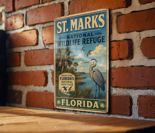A vintage-style metal sign for St. Marks National Wildlife Refuge in Florida, featuring a large bird and palm trees, mounted on a brick wall.